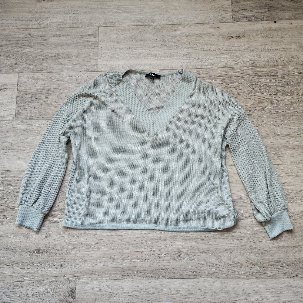 Lulus Sage Green Thermal Waffle Knit Top Womens Small Vneck Long Balloon Sleeve